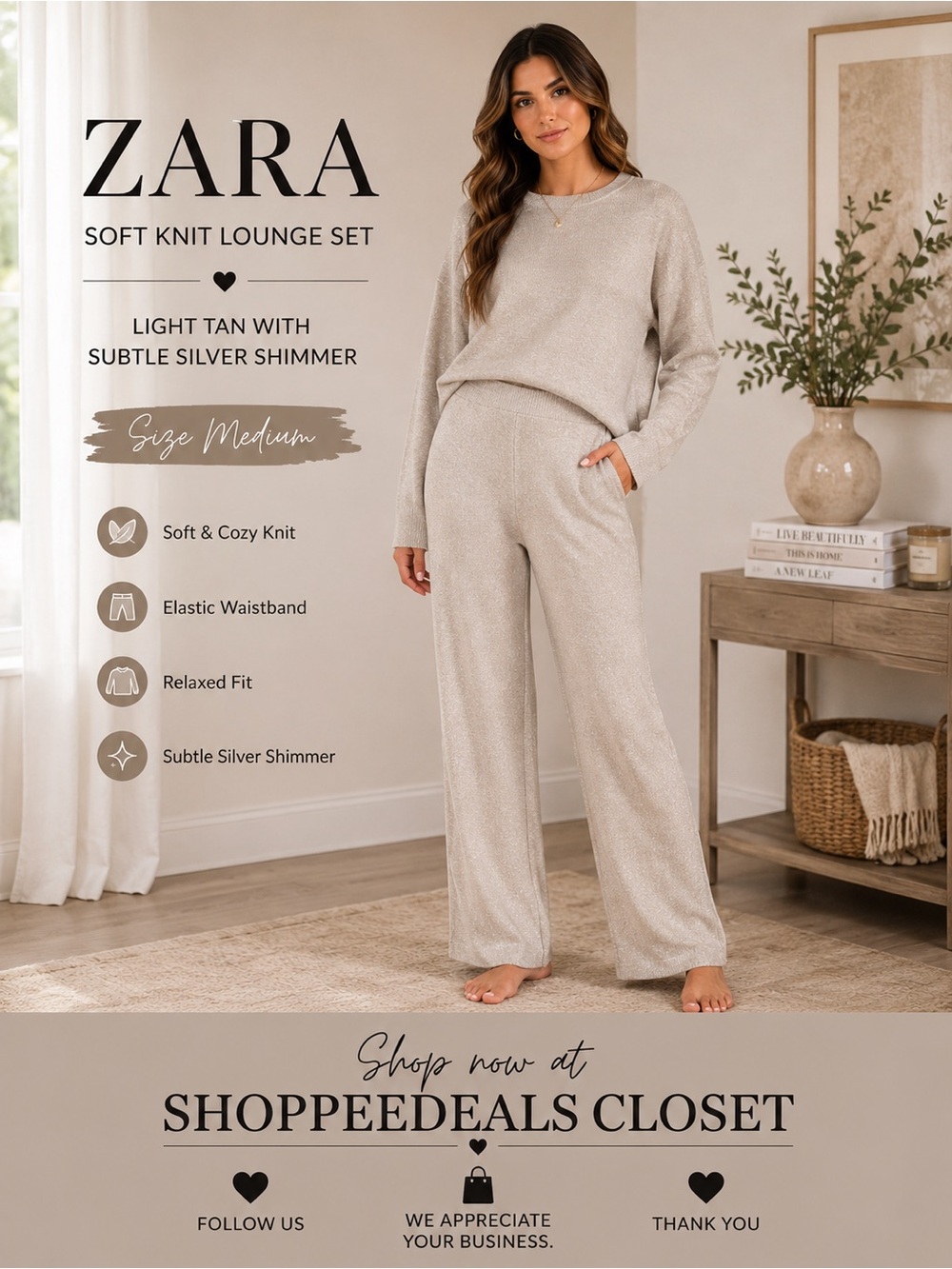 Zara Soft Knit Lounge Set – Light Tan with Subtle Silver Shimmer – Size Medium